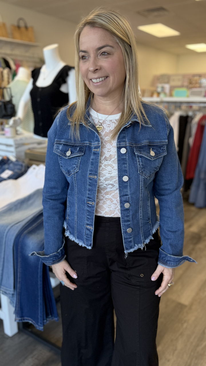 Medium Wash Irregular Frayed Hem Denim Jacket