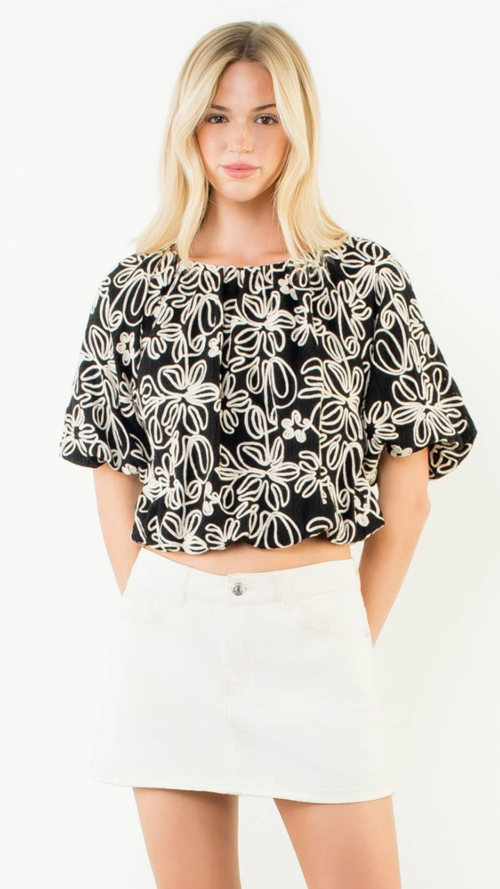 Black Puff Sleeve Floral Embroidery Detail Top