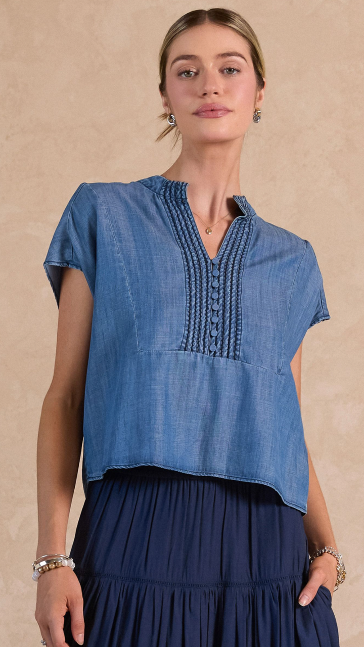 Flutter Short Sleeve Chambray Top