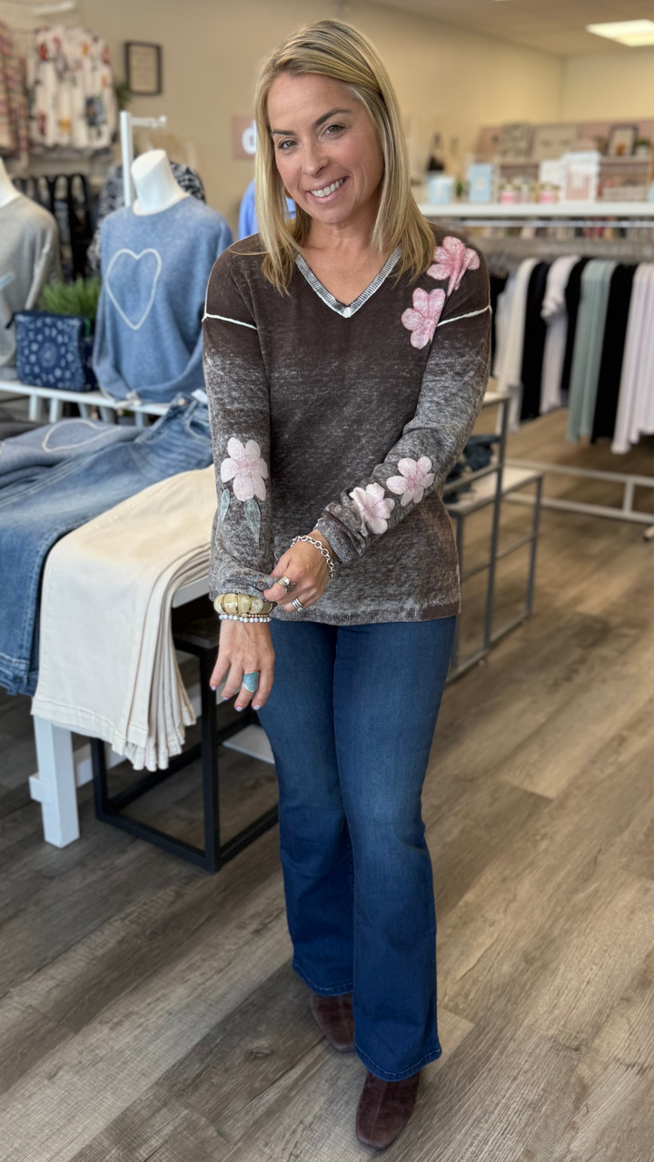 Coffee Floral Reversible V Neck Sweater