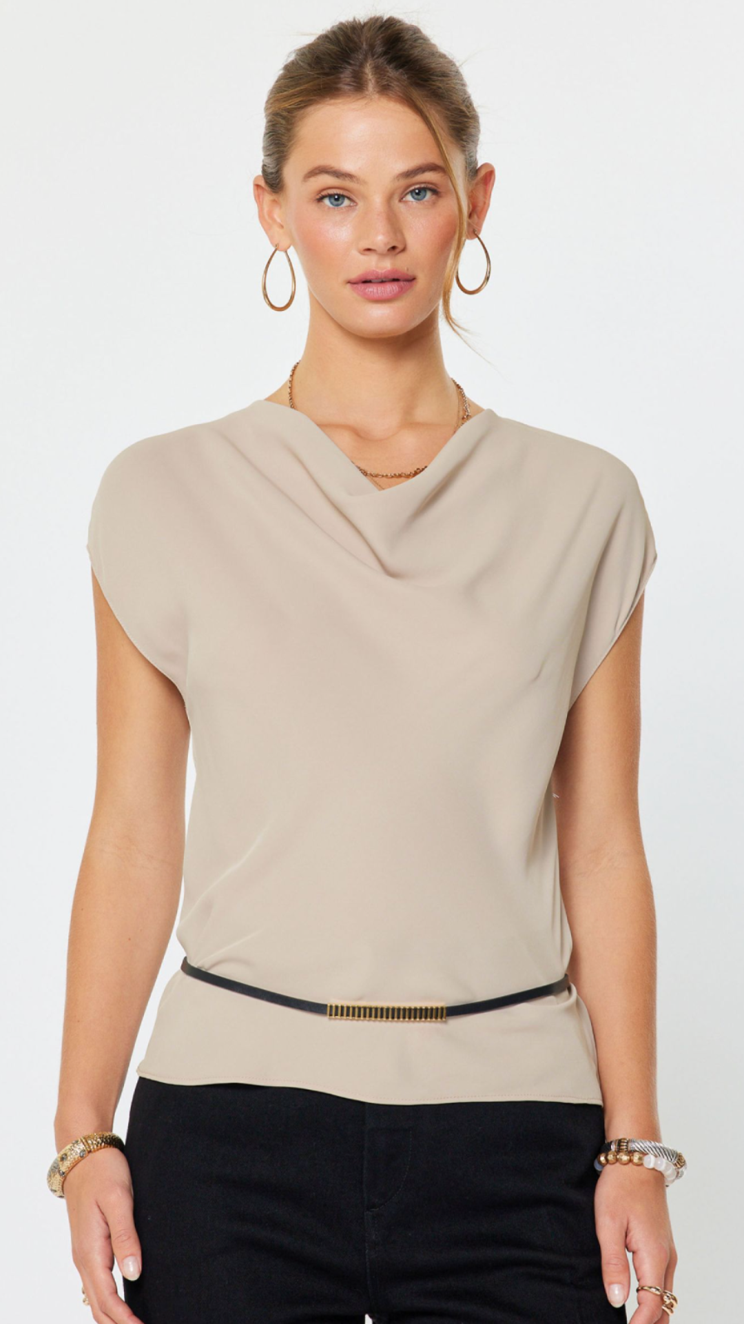 Taupe Draped Cowl Neck Blouse