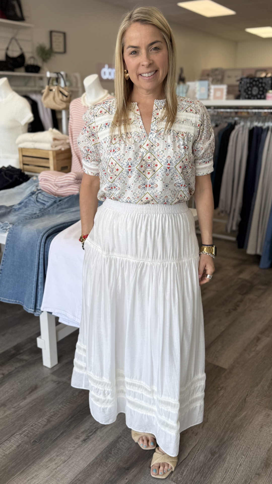 White Tiered Gathered Skirt With Ladder Lace