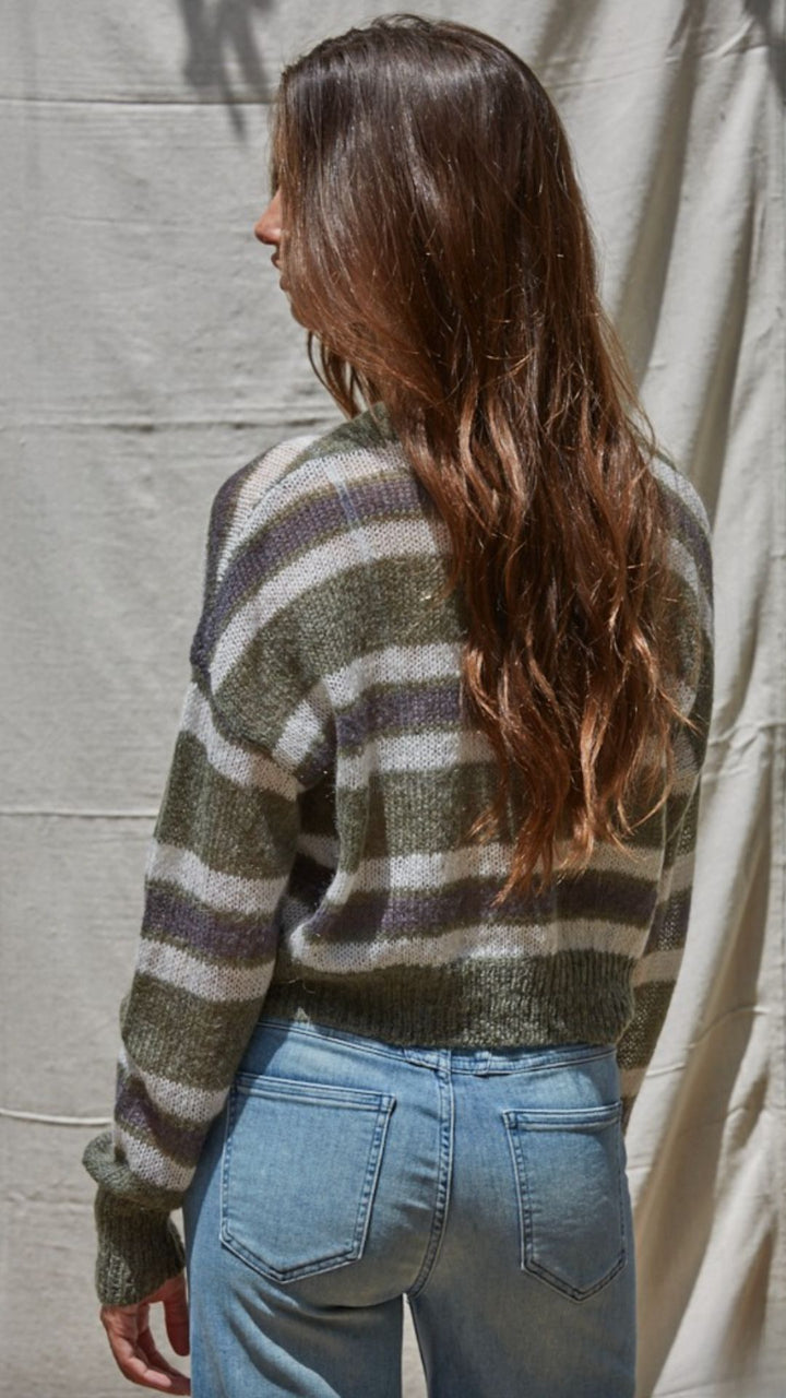 Olive Multi Stripe Crop Cardigan Sweater