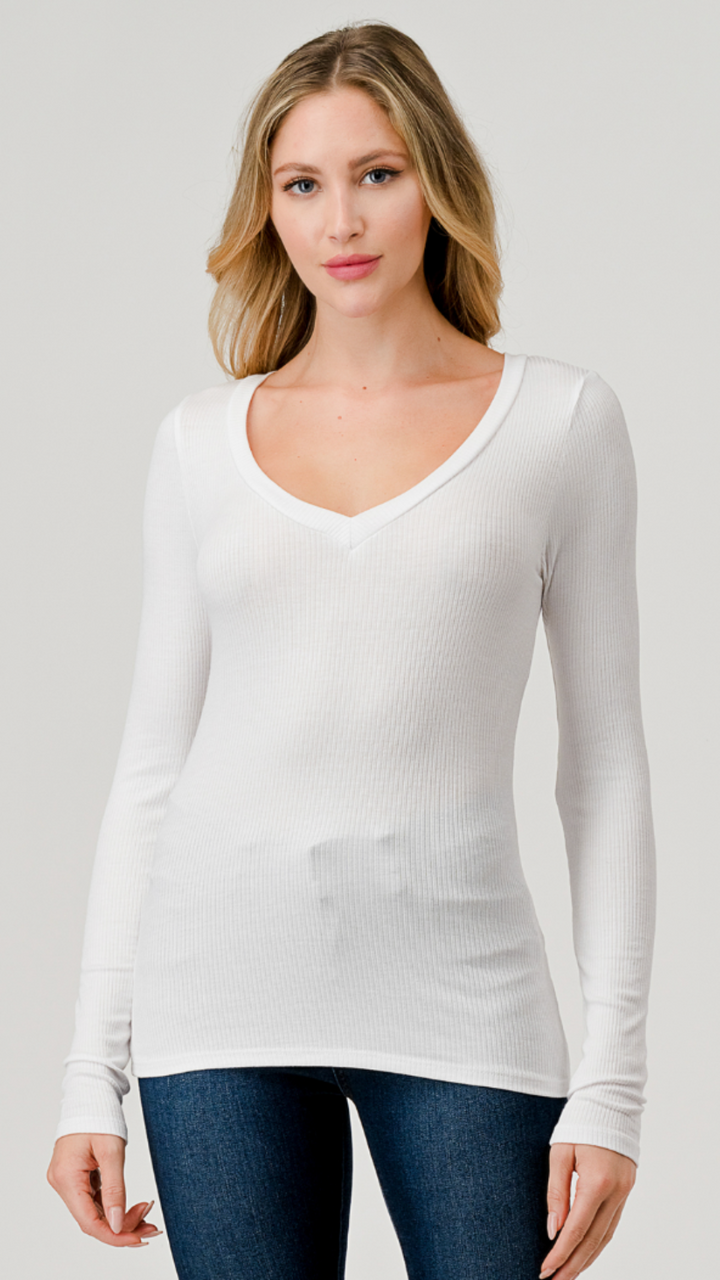 Long Sleeve V Neck Ribbed Top