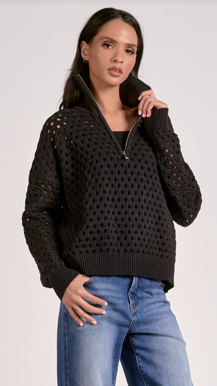 Black Half Zip Open Knit Sweater