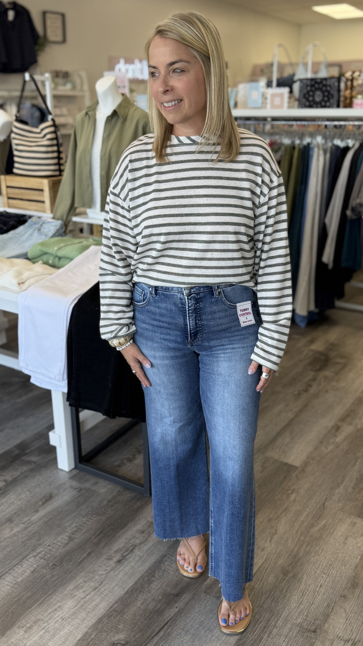 Olive Striped Slub Long Sleeve Top