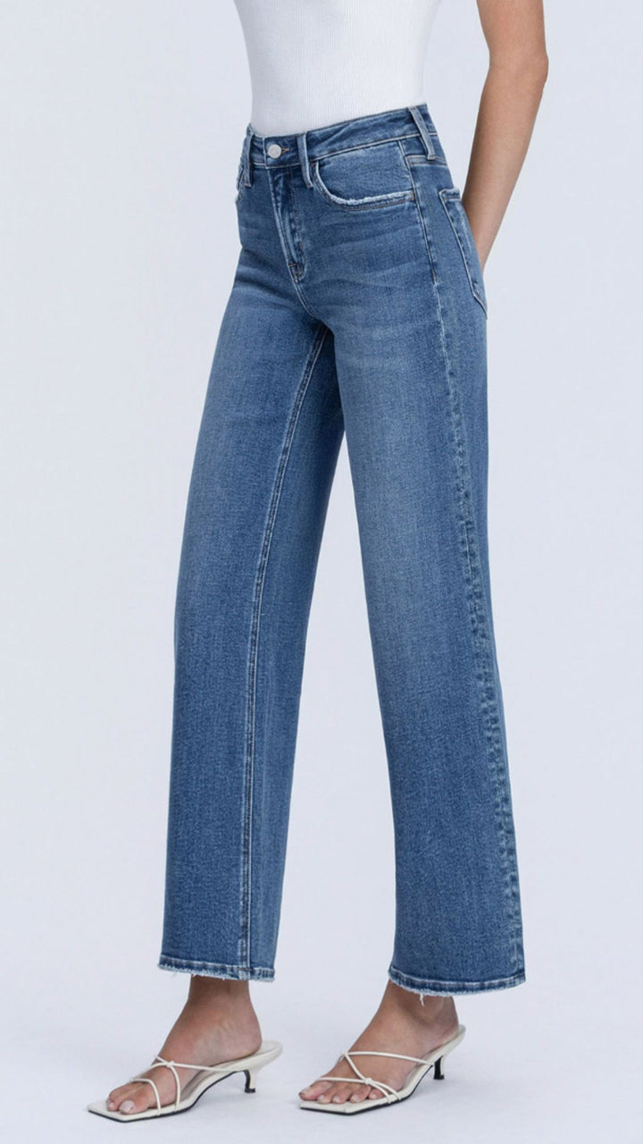 High Rise Dark Wash Ankle Wide Leg Jeans