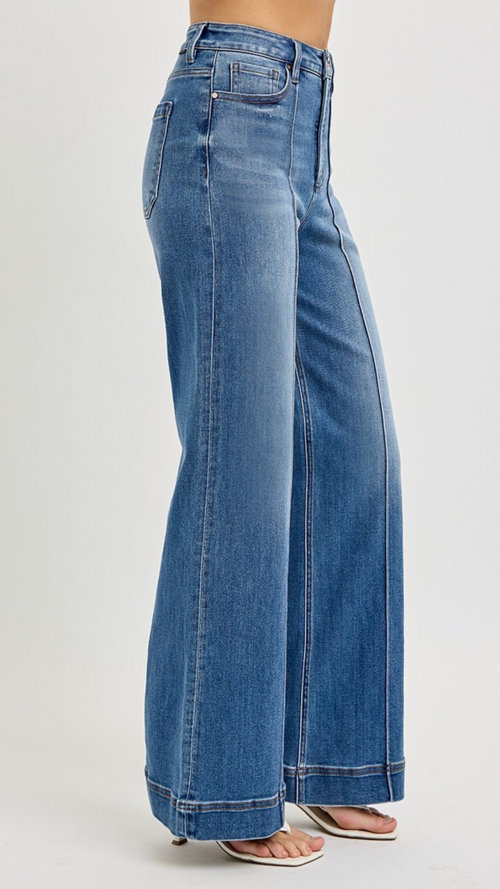 High Rise Tummy Control Medium Wash Wide Pintuck Leg Jeans
