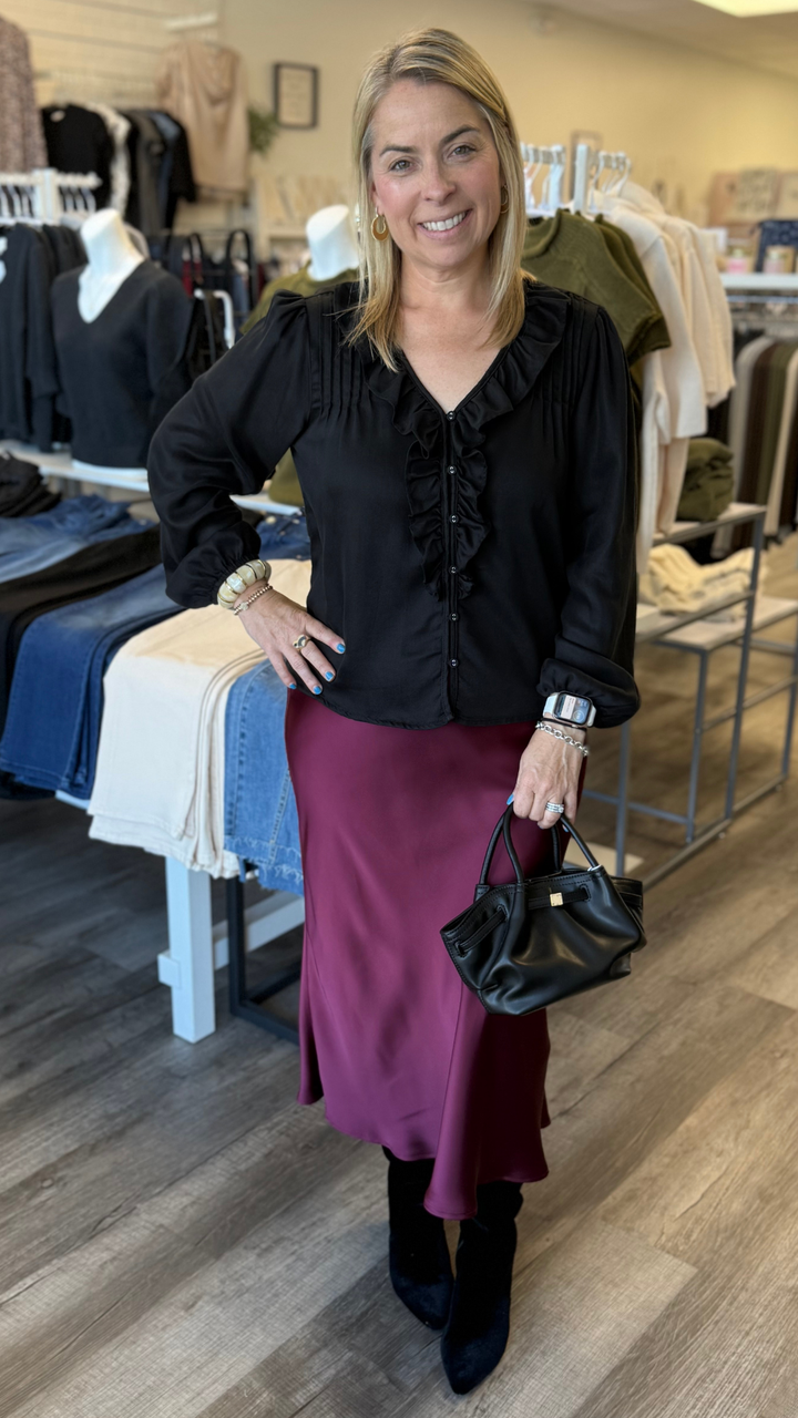 Burgundy Silk Midi Skirt