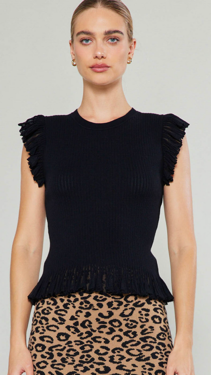 Black Flutter Sleeve Sweater Knit Top