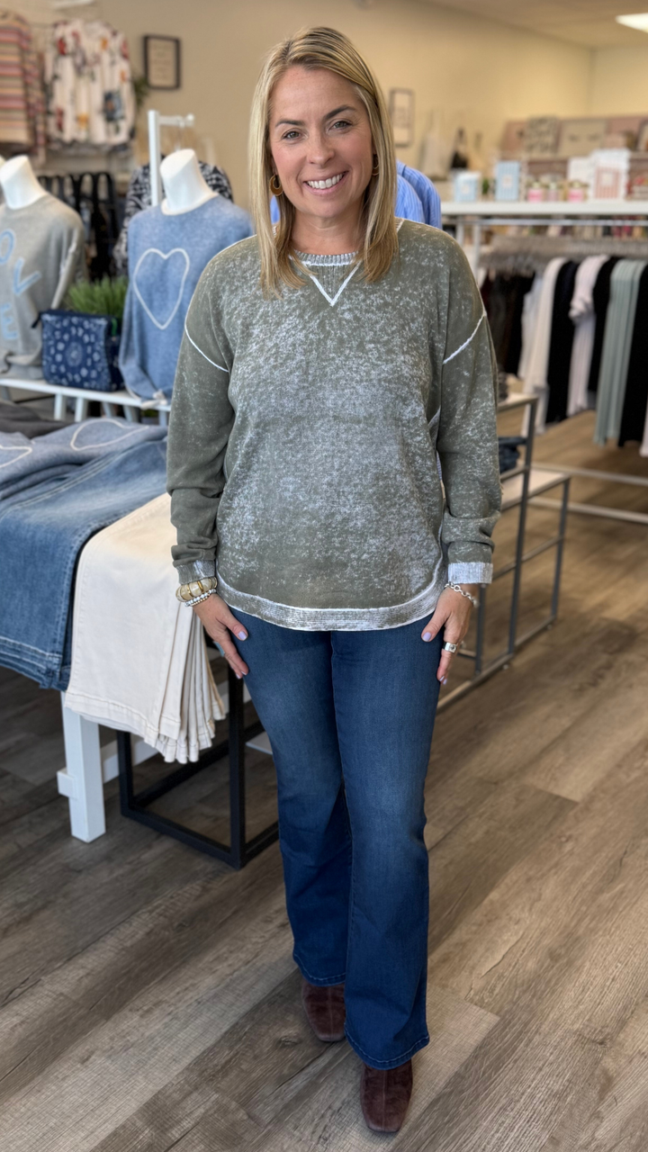 Olive Cotton Crew Neck Reverse Print Sweater