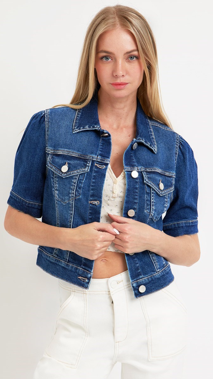 Puffed Short Sleeve Dark Denim Crop Jacket