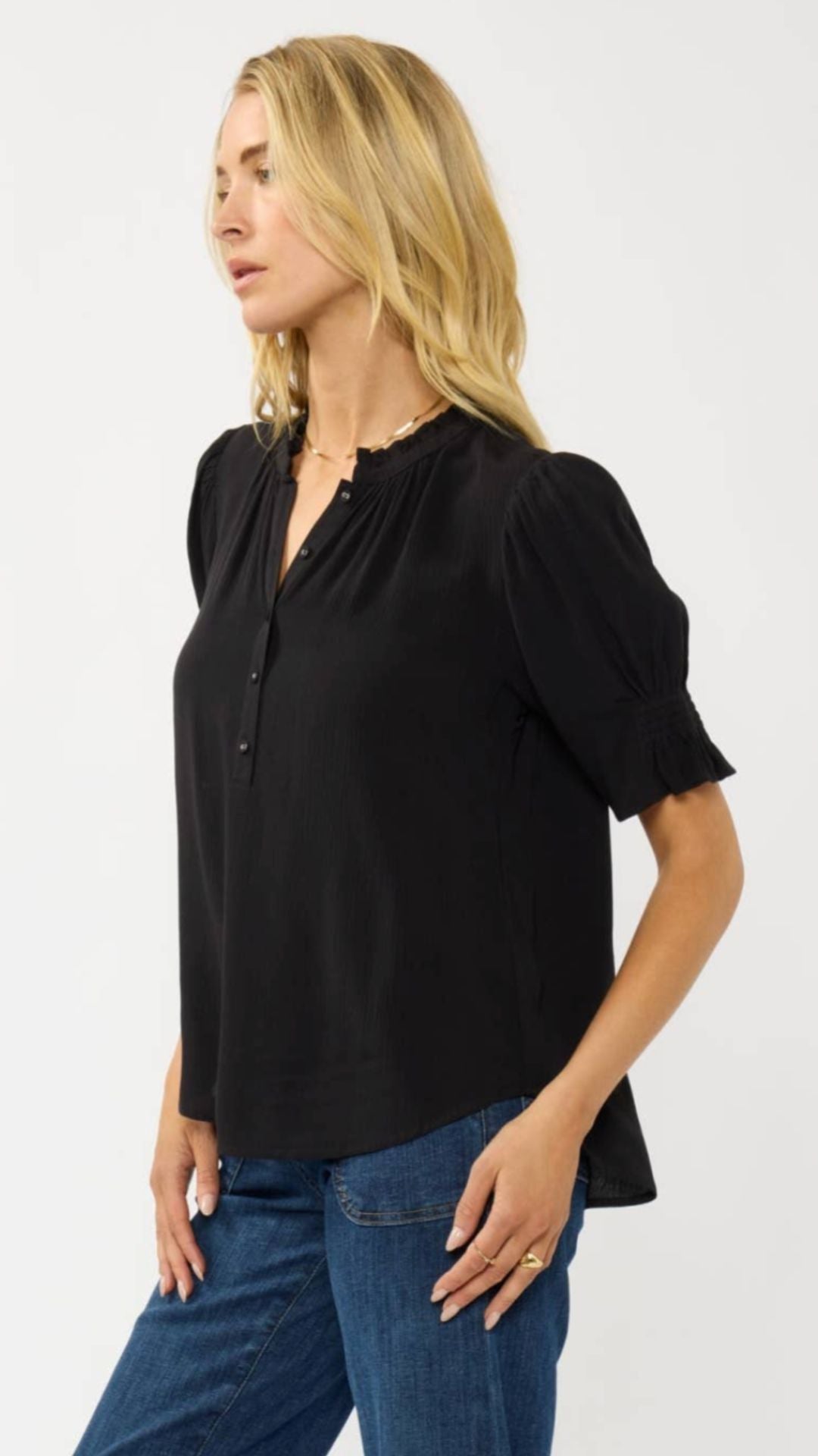 Short Puff Sleeve Crinkled Button Top