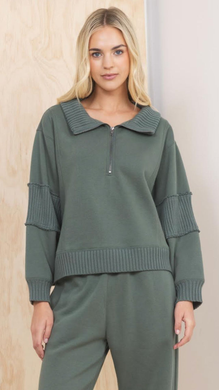 Olive Fleece Quarter Zip With Rib Detail Sweatshirt