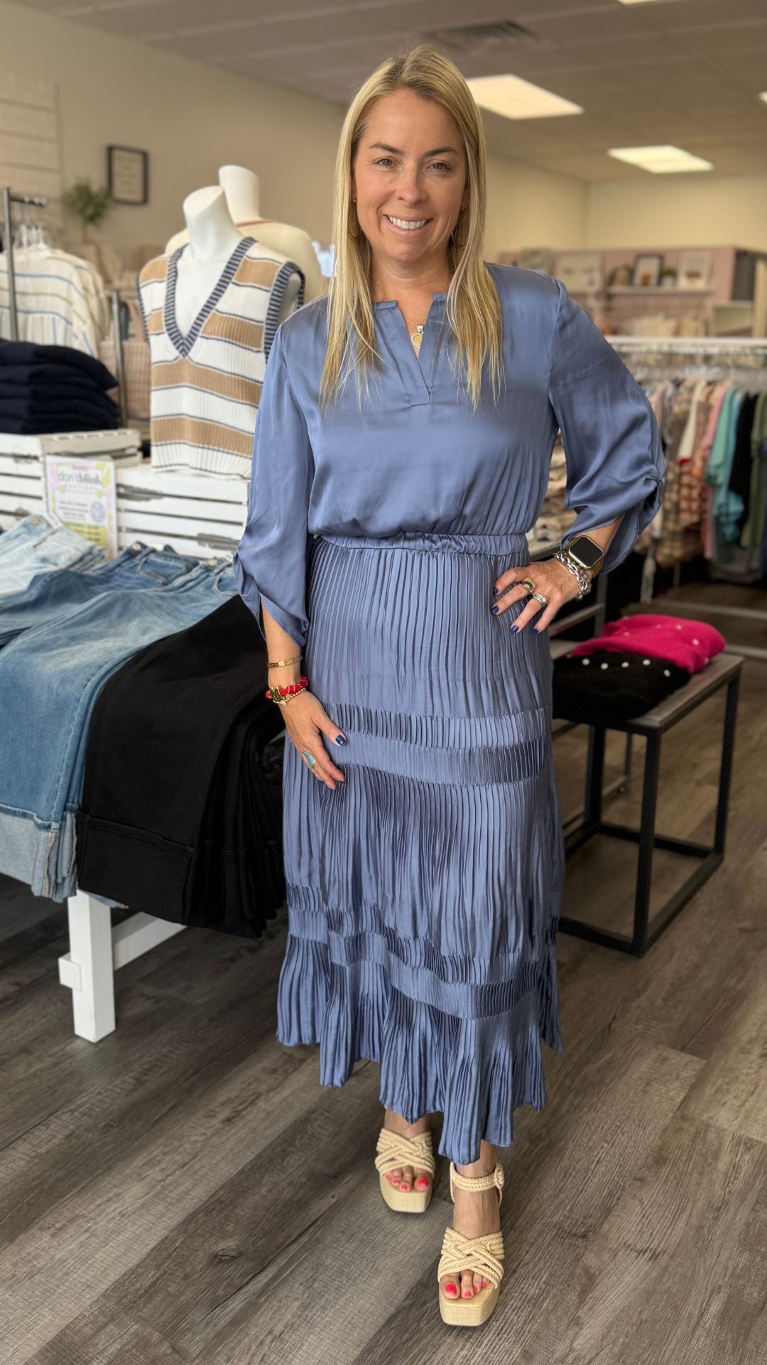 Slate Blue Pleated Midi Dress