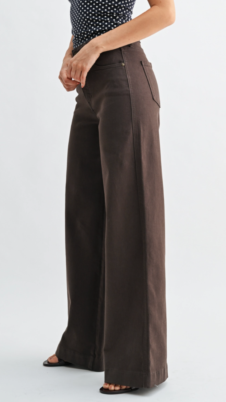 High Rise Dark Brown Full Length Wide Leg Jeans