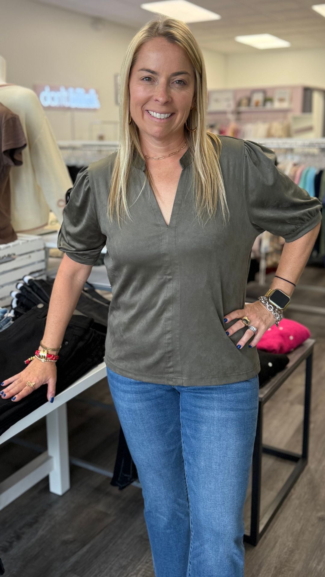 Slate Green Suede Puff Sleeve Top