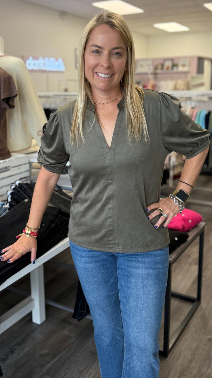 Slate Green Suede Puff Sleeve Top