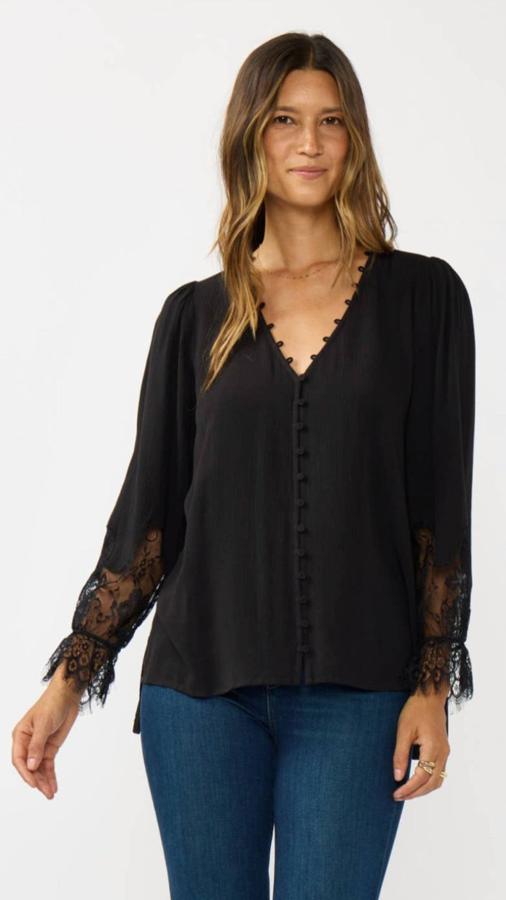 Lace Cuff V Neck Button Blouse