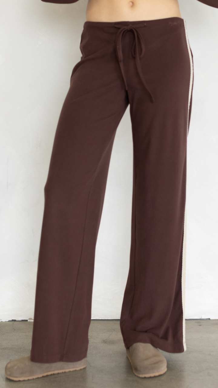 Chocolate Cardigan And Cream Side Stripe Knit Pants Set