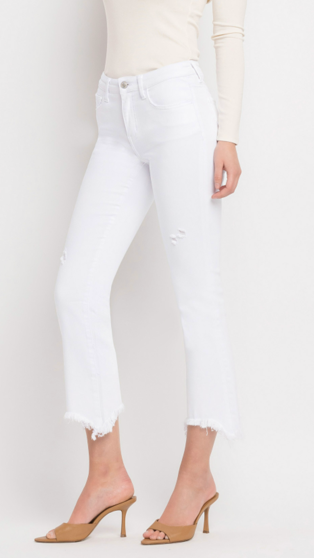 White Mid Rise Distressed Hem Ankle Bootcut Jeans