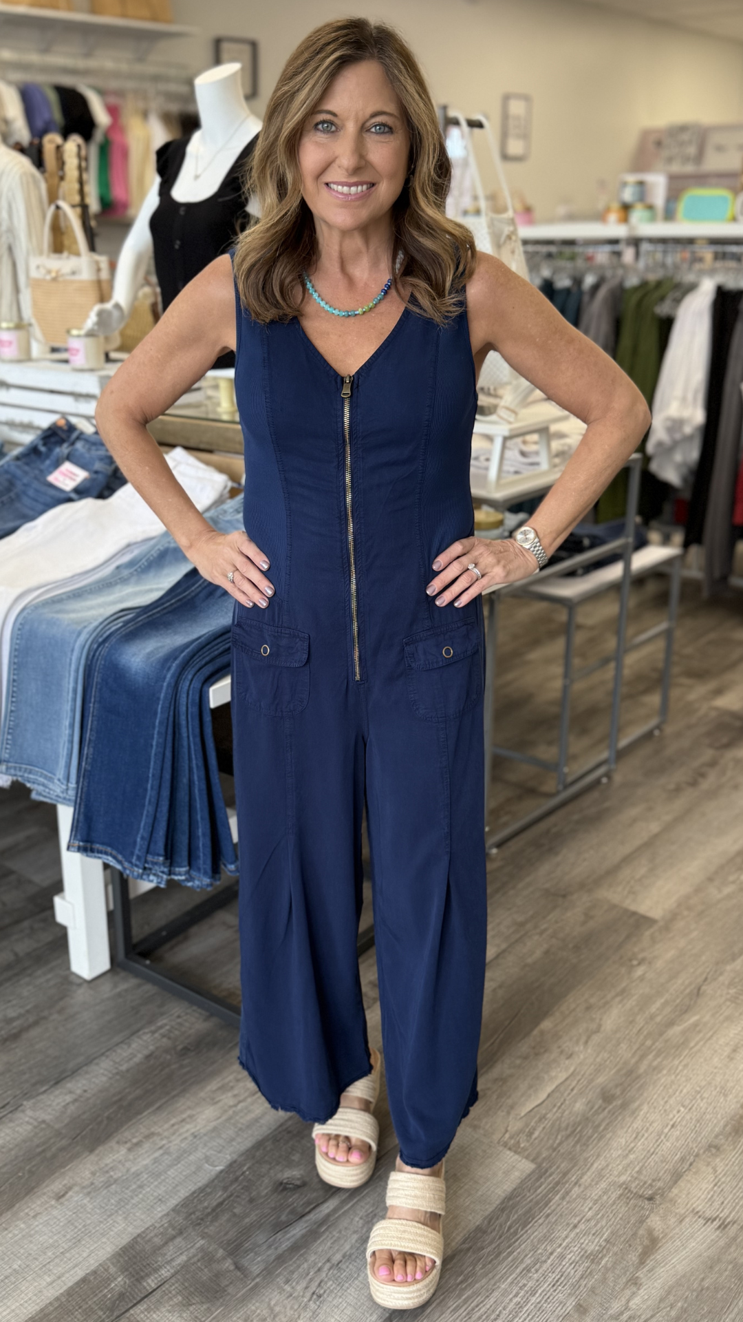 Airdale Pigment Linette Twill Zip Up V Neck Jumpsuit