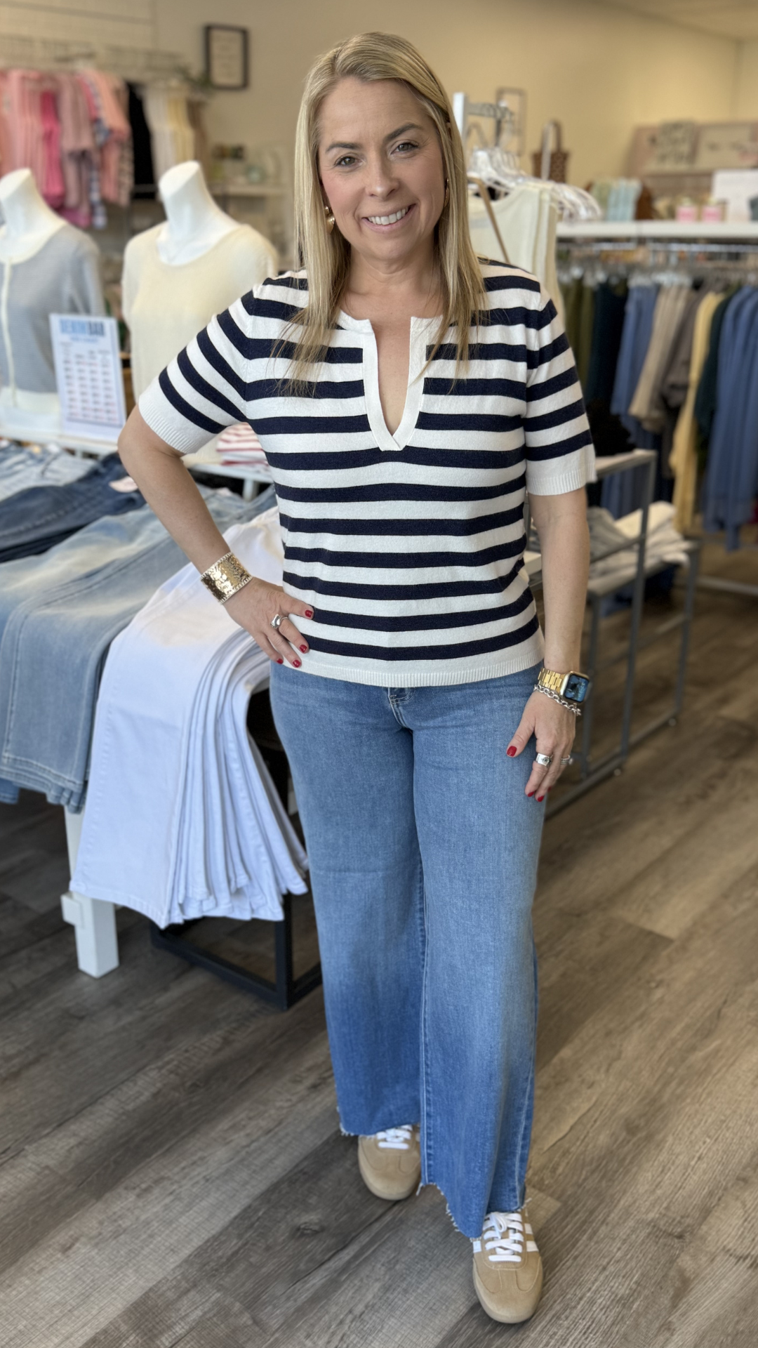 Cream And Navy Stripe Polo Top