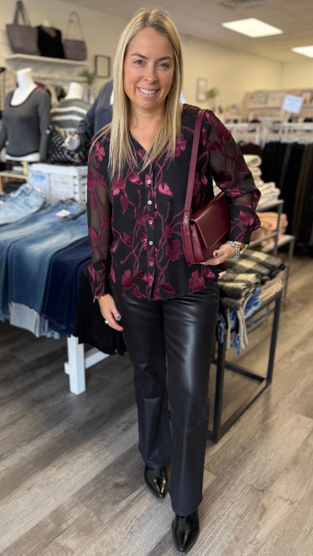 Floral Jacquard Blouse With Sheer Sleeves