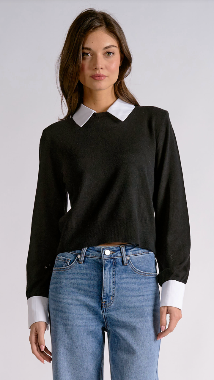 Black Sweater With Poplin Collar And Cuff Detail