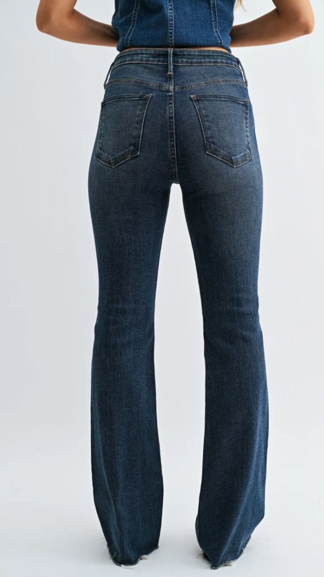 High Rise Dark Wash Scissor Cut Full Length Flare Jeans