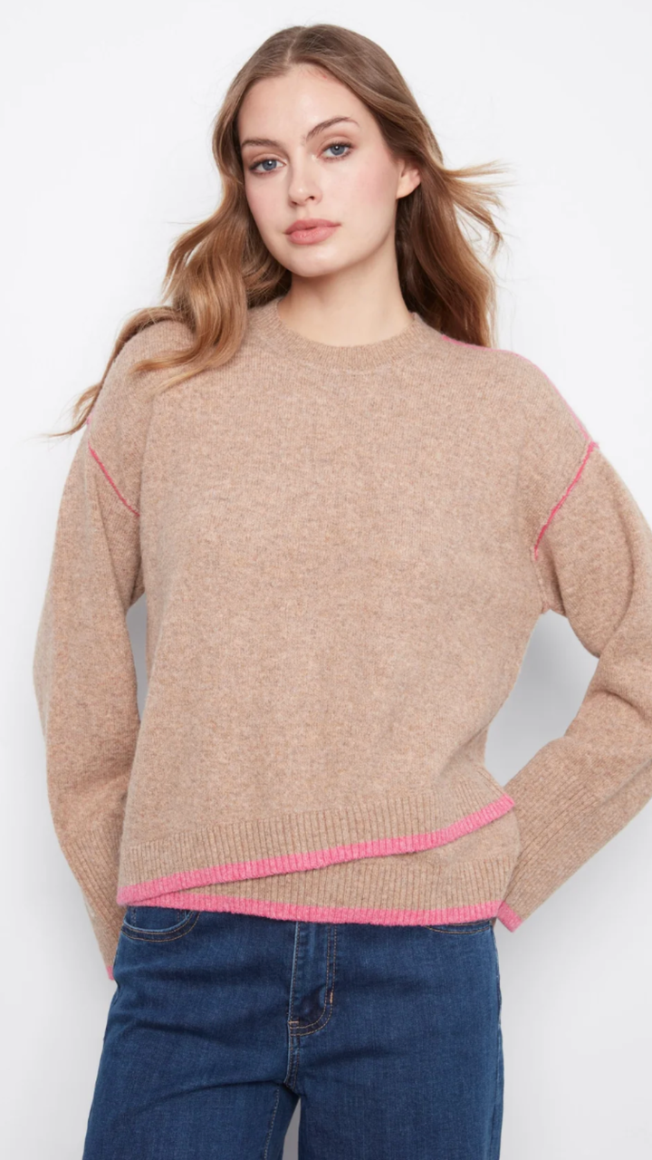 Camel Contrast Trim Crew Neck Sweater