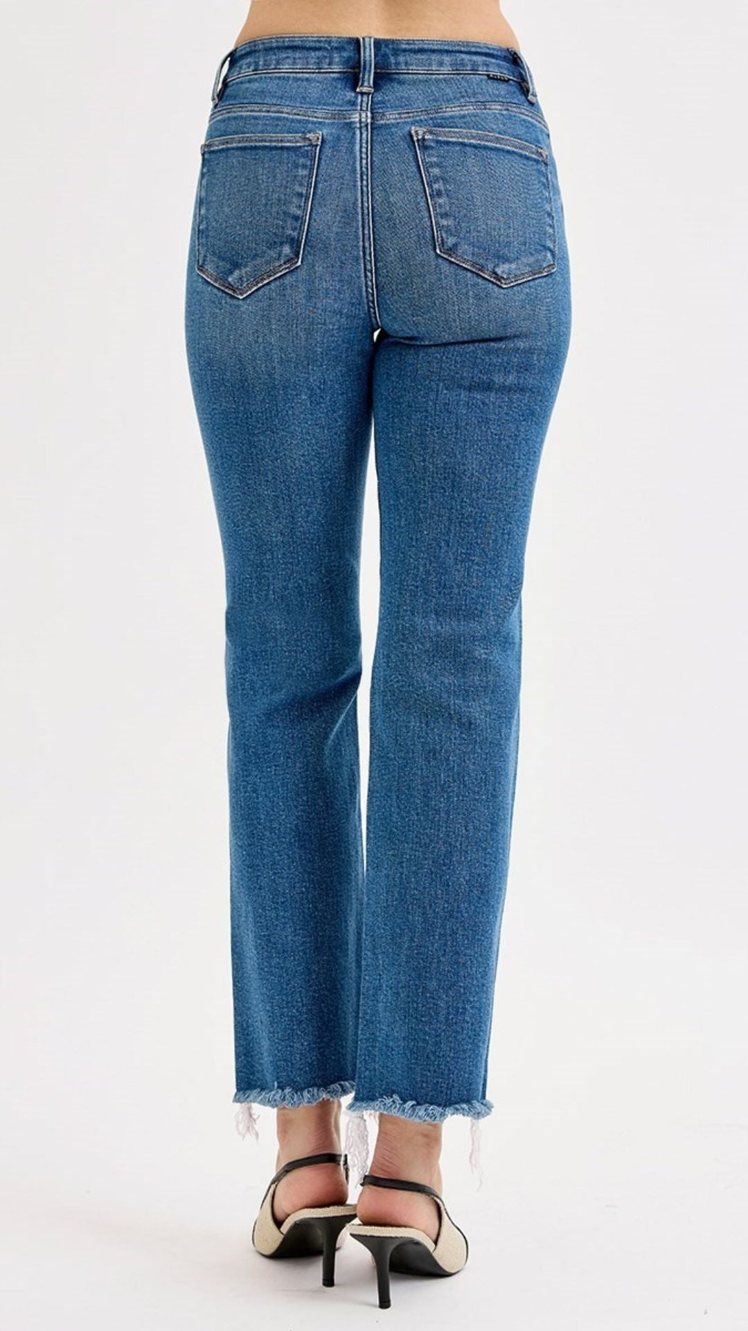 High Rise Tummy Control  Medium Wash Frayed Straight Jeans