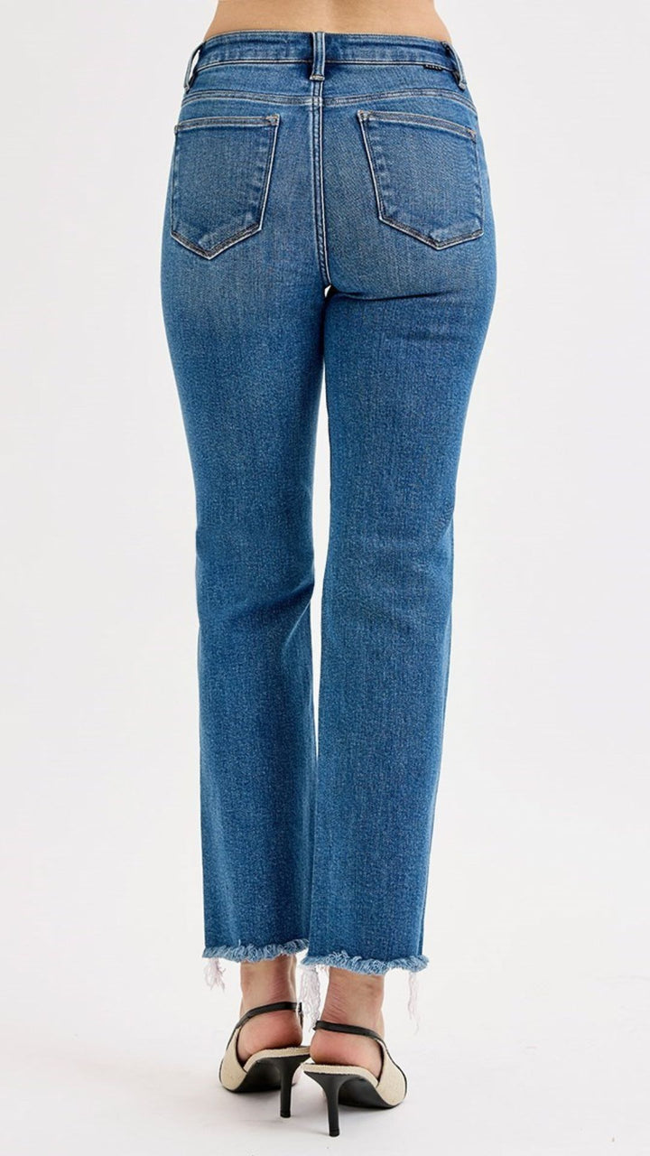 High Rise Tummy Control  Medium Wash Frayed Straight Jeans