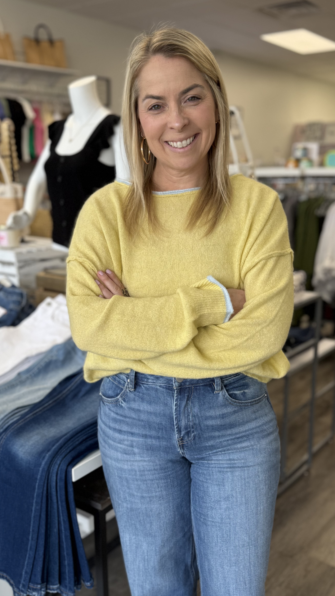 Yellow Knit Sweater With Contrast Trim