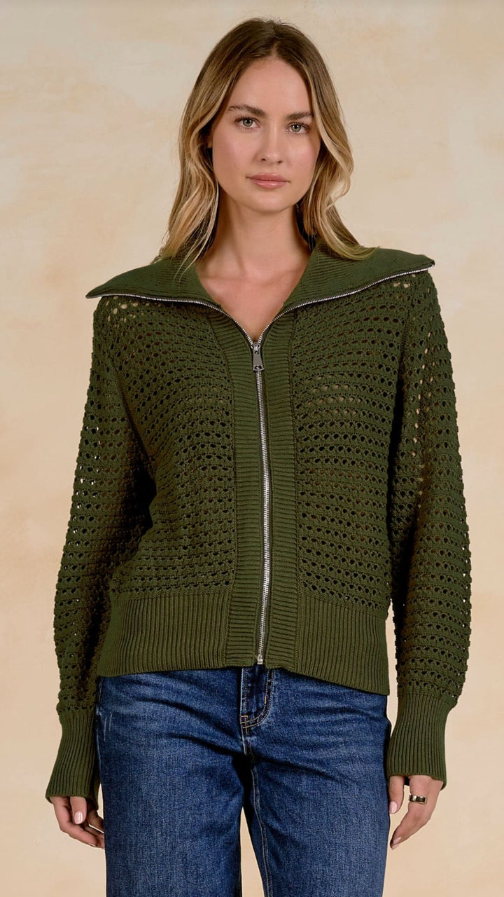 Olive Open Knit Zip Up Cardigan