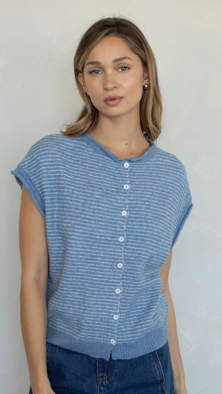 Dusty Blue Pin Striped Piper Vest Cardigan