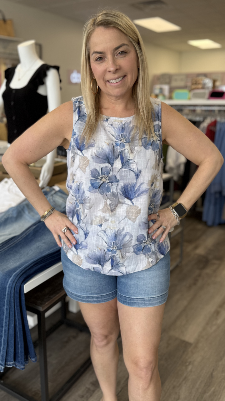 Serene Printed Sleeveless Linen Blouse