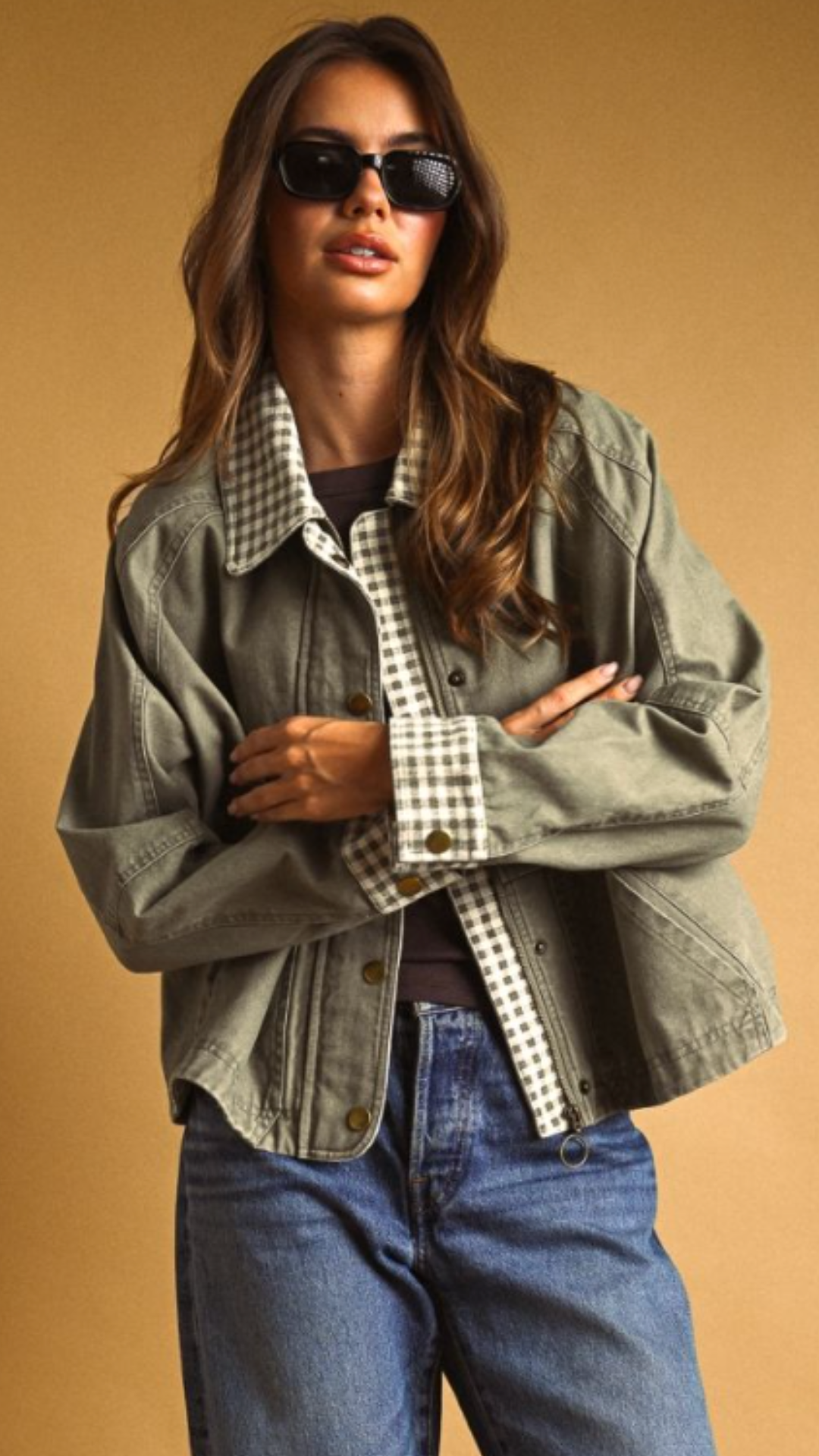 Olive Gingham Collared Twill Jacket