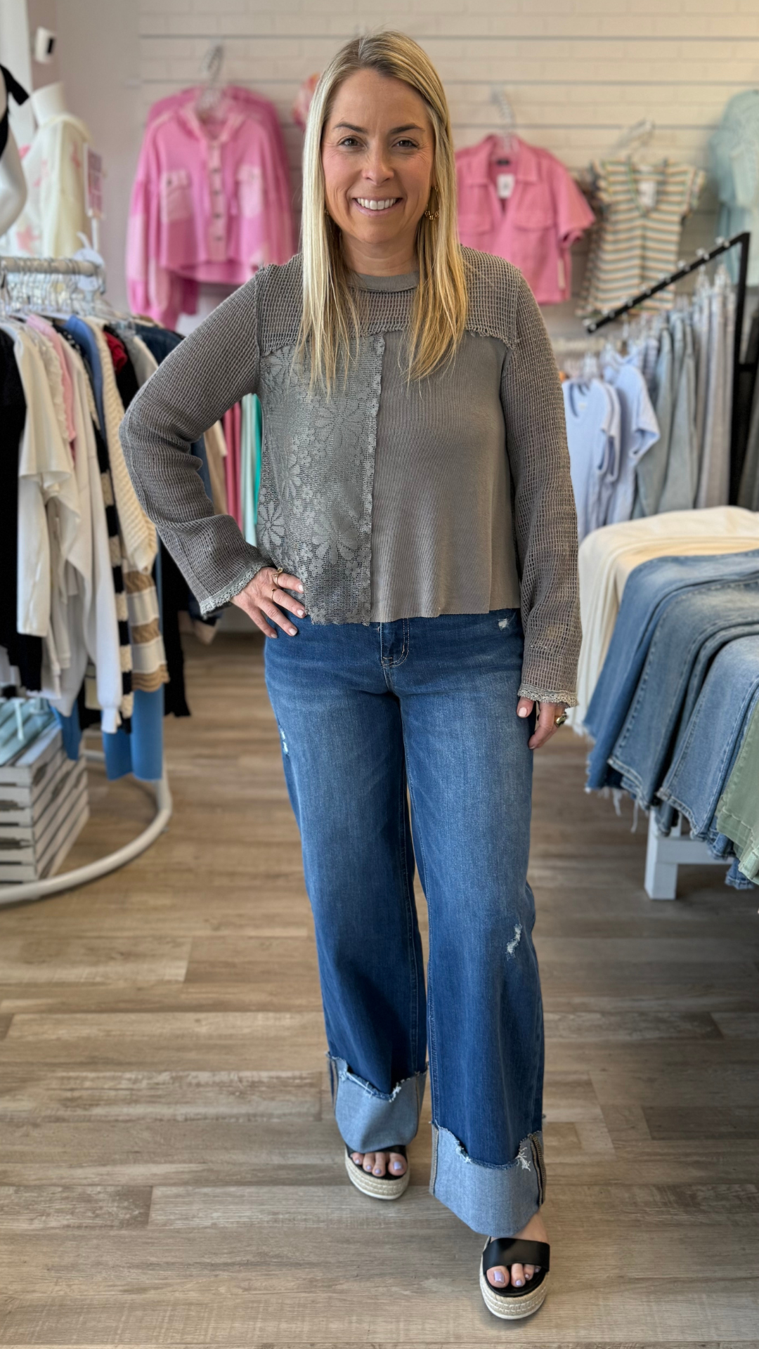 High Rise Dark Wash Cuffed Baggy Wide Leg Jeans