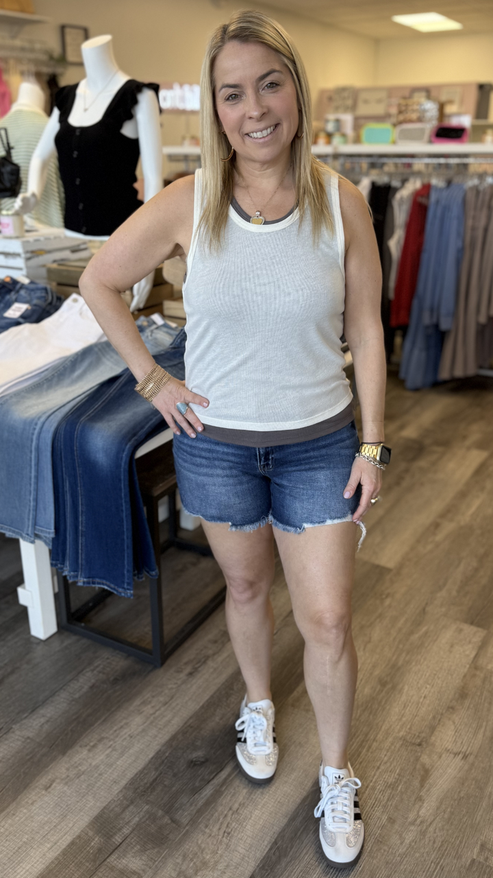 Cream And Charcoal Essential Double Layered Sleeveless Racer Back Tank