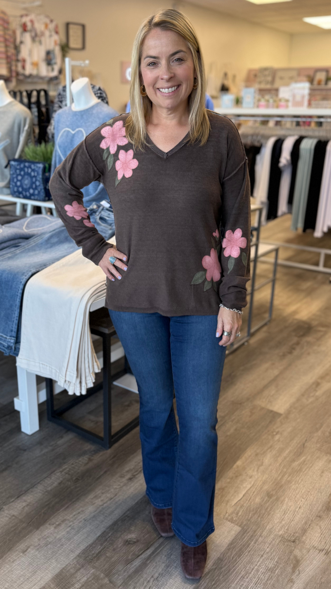 Coffee Floral Reversible V Neck Sweater