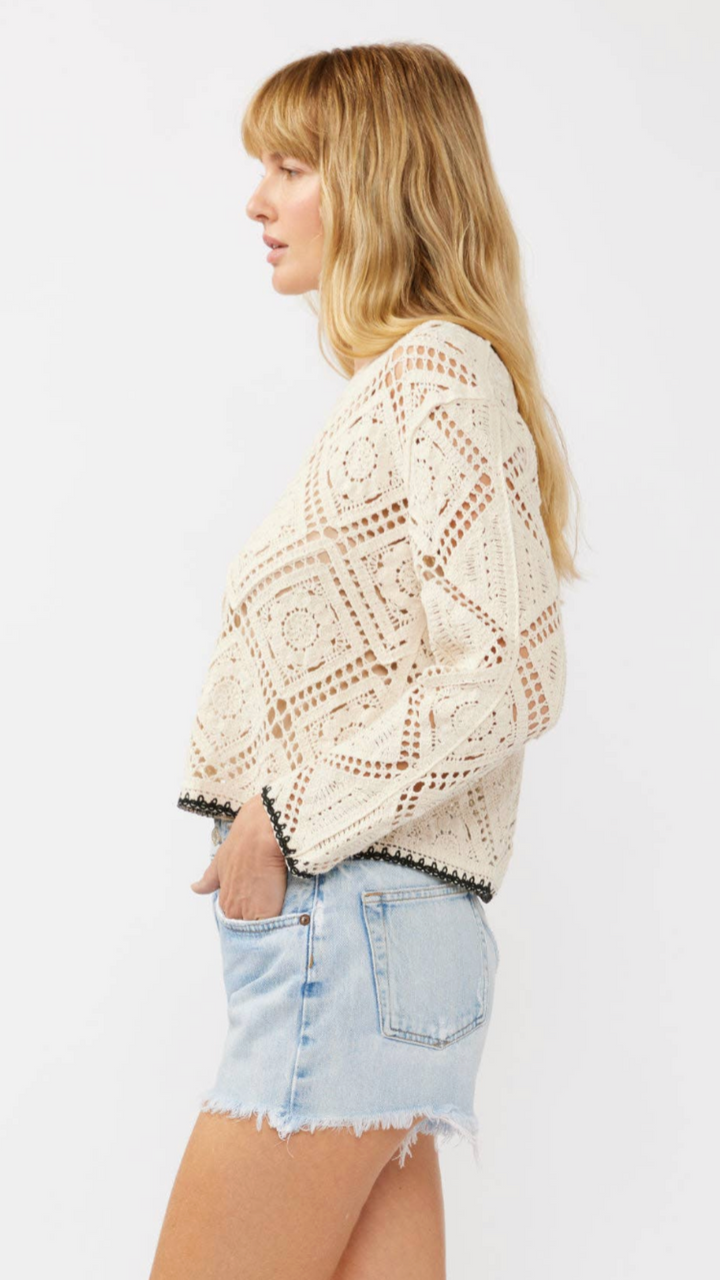 Long Sleeve Diamond Floral Crochet Crop Top
