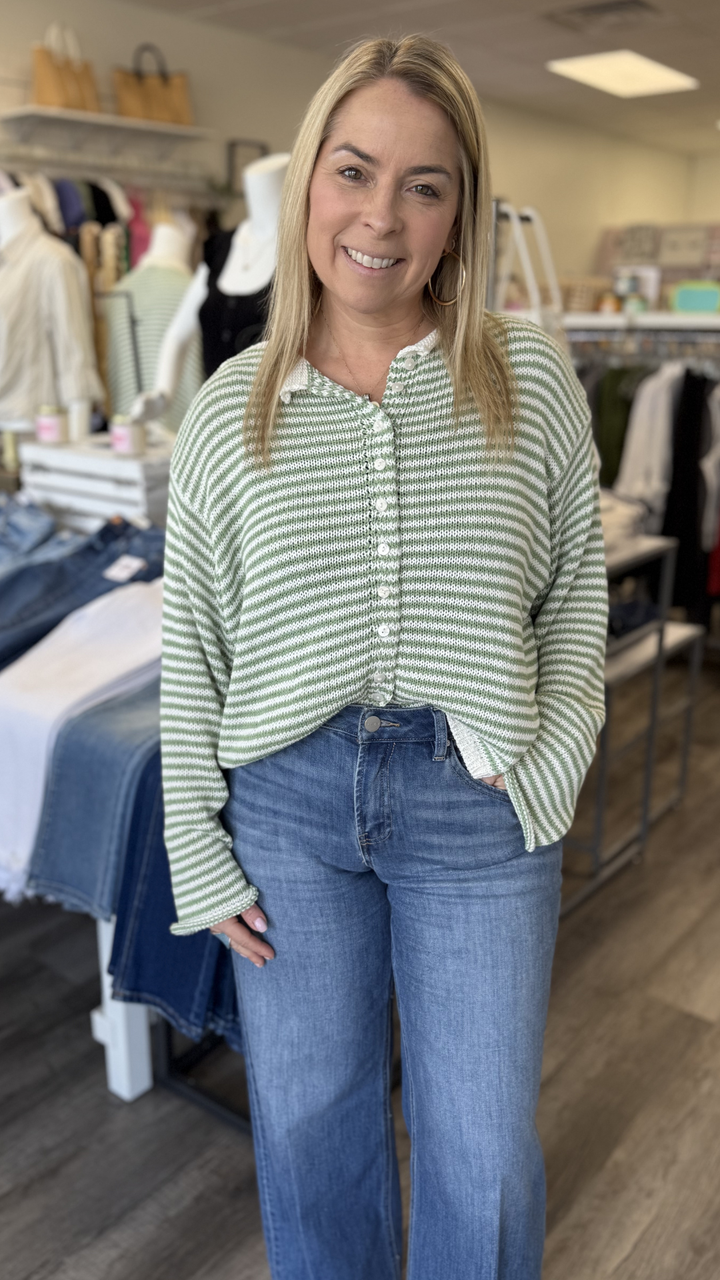 Matcha And White Button Front Knit Cardigan
