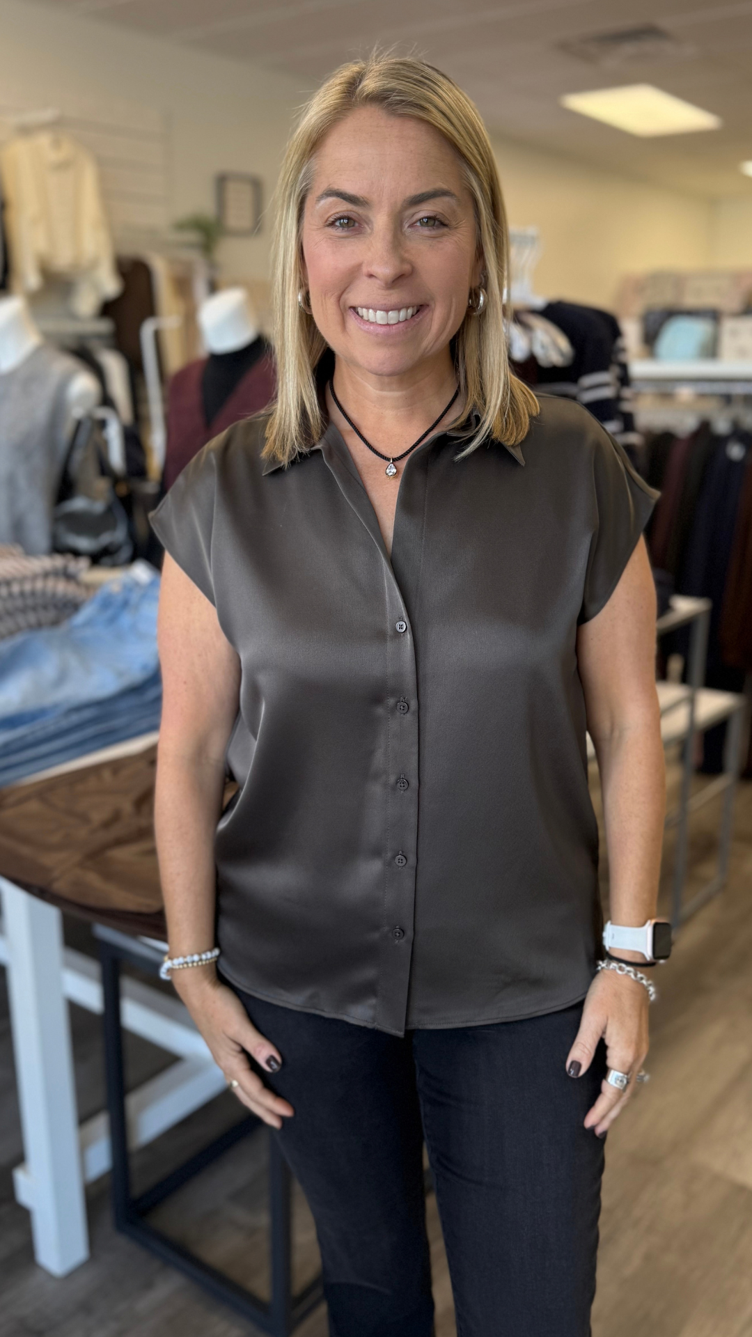 Bronze Olive Cap Sleeve Satin Blouse
