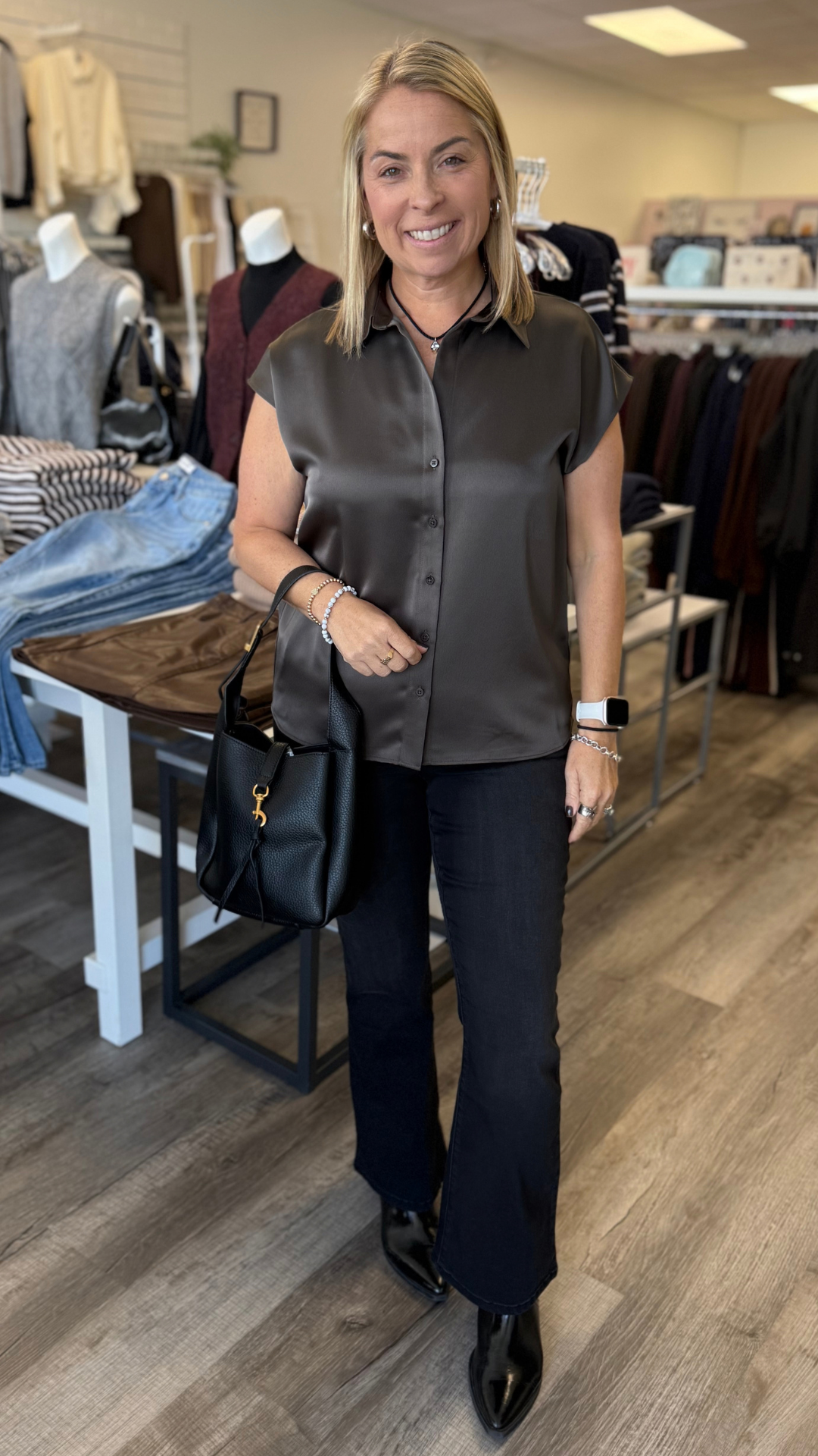 Bronze Olive Cap Sleeve Satin Blouse