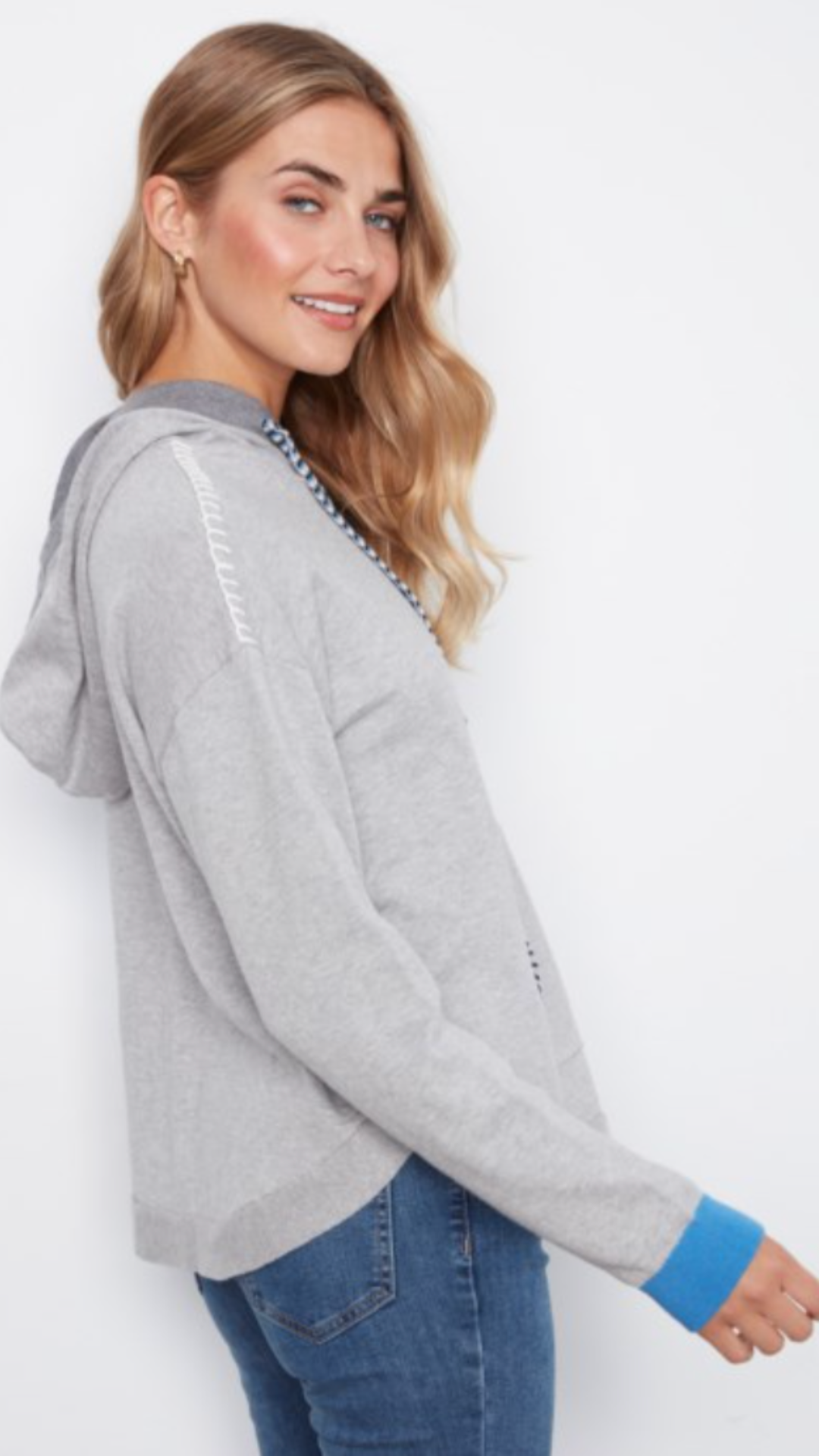 Blue Contrast Detail Hooded Sweater