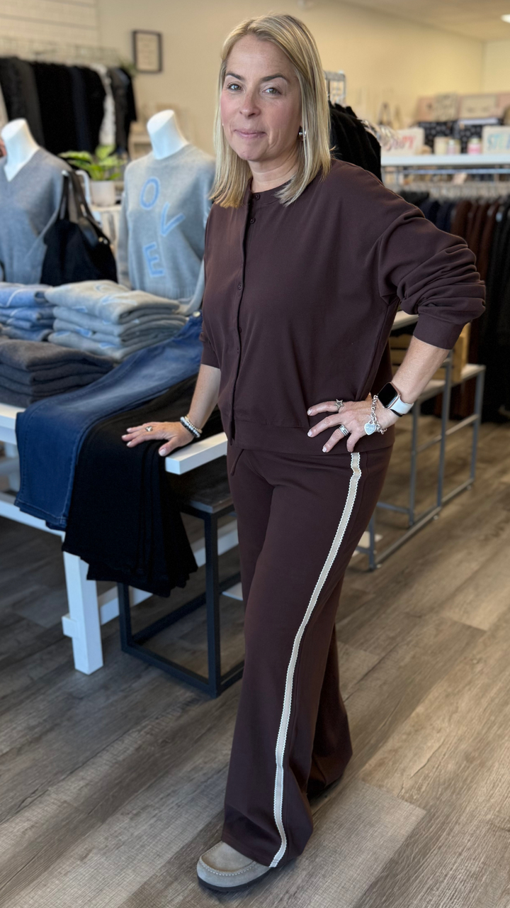 Chocolate Cardigan And Cream Side Stripe Knit Pants Set