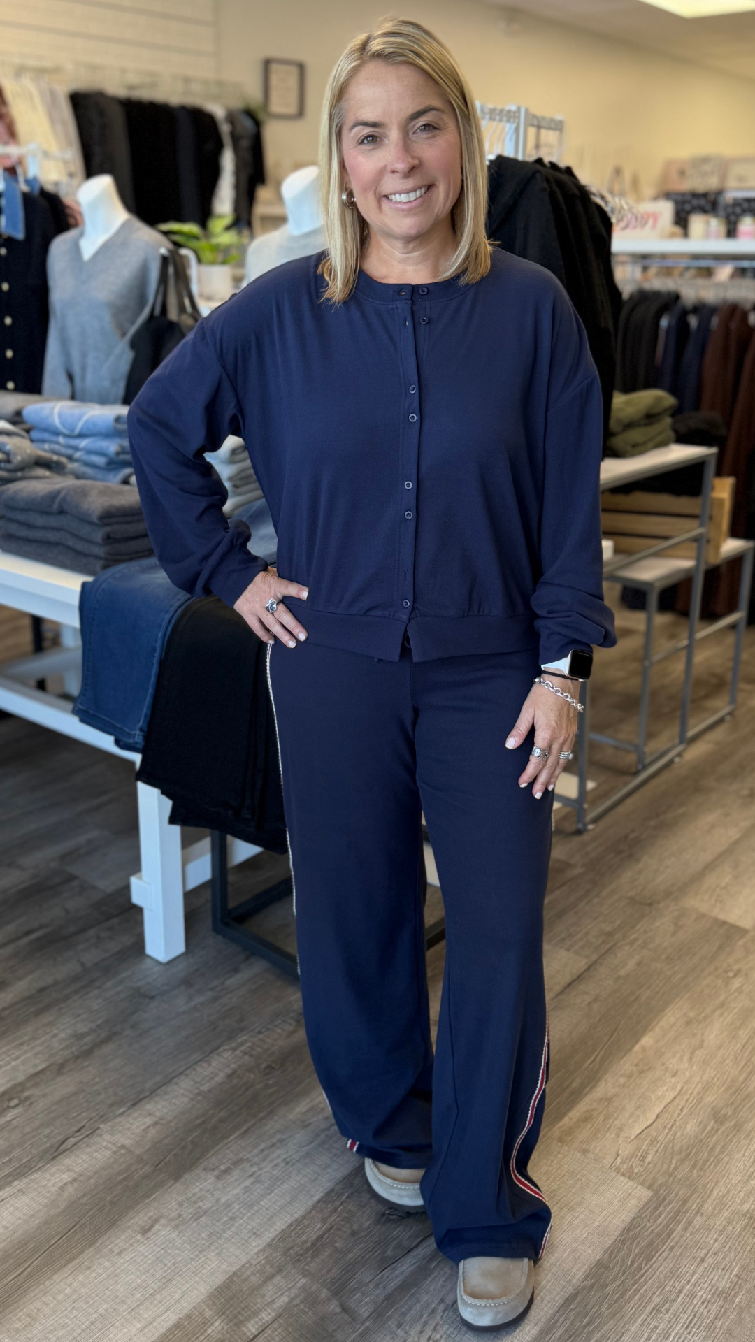 Navy Cardigan And Red Side Stripe Knit Pants Set