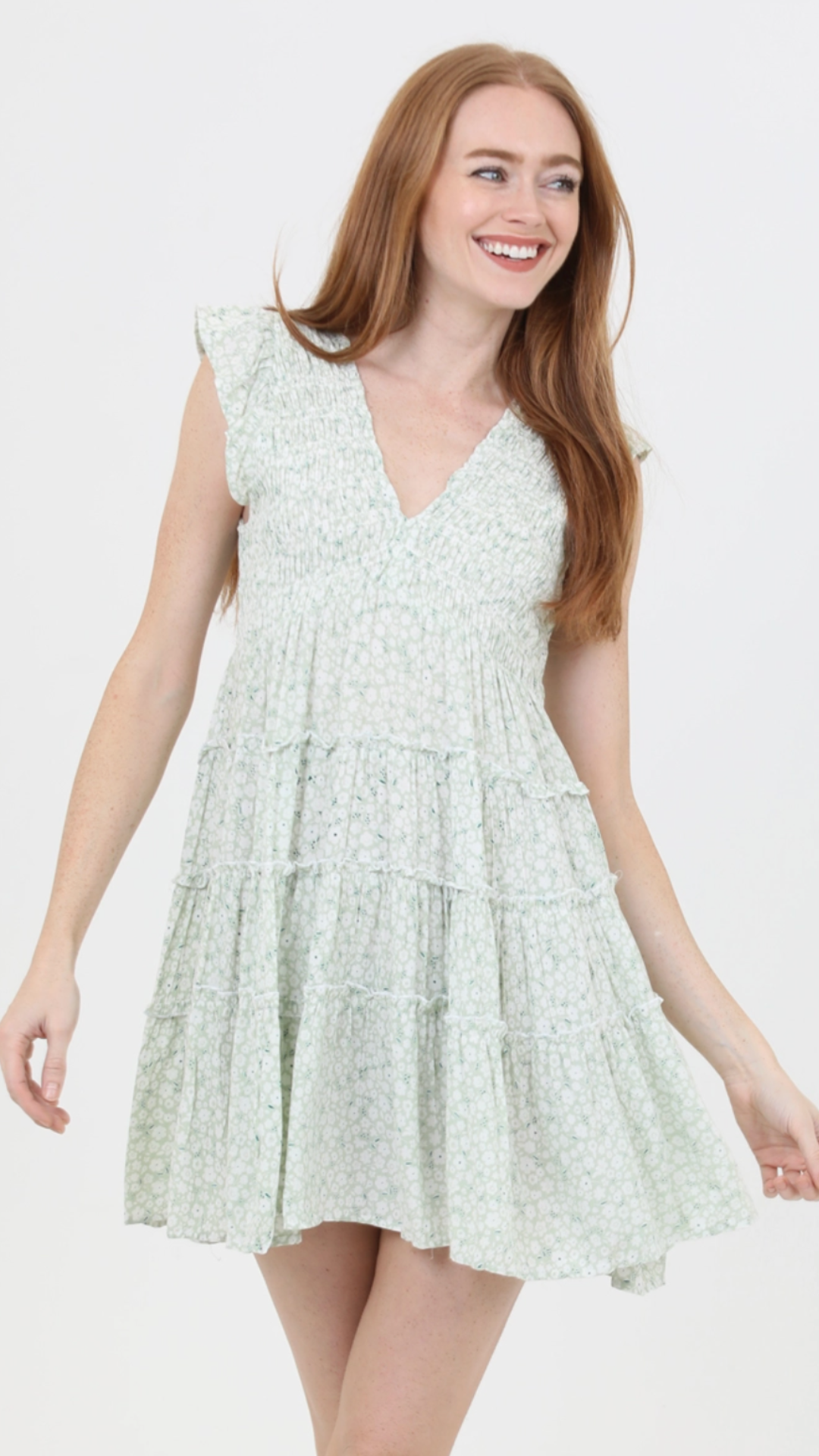 Sage Smocked V Neck Tiered Dress