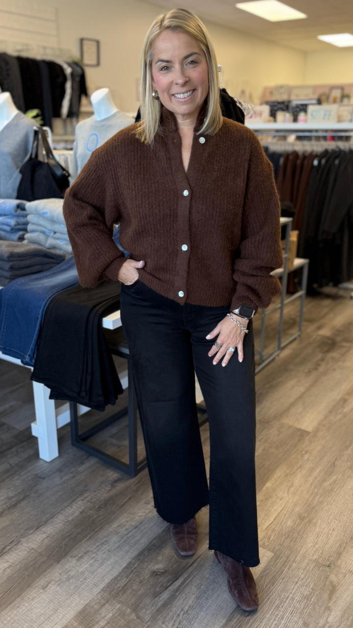 Brown Balloon Sleeve Soft Cardigan
